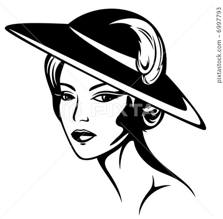 beautiful woman wearing vintage hat - black and white vector illustration 6997793