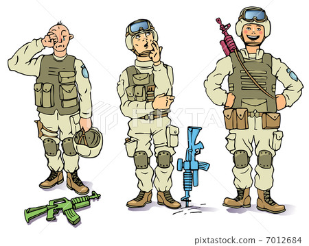 Three soldiers - the sad, the thoughtful and the happy. 7012684