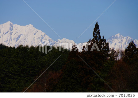 Northern Alps of early spring seen from Shoga village in Matsumoto city 7013026