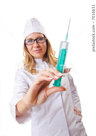 Woman doctor with syringe on white Woman doctor with syringe on white 7016631