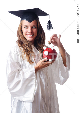 Student and piggy bank on white 7016762