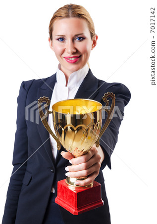 Businesswoman with prize on white Businesswoman with prize on white 7017142