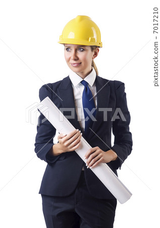 Woman architect with drawings on white 7017210