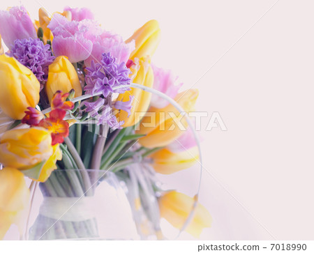 Greeting Card. Bouquet of Colorful Mixed Flowers - Tulips in a Vase. Floristics Greeting Card. Bouquet of Colorful Mixed Flowers - Tulips in a Vase. Floristics 7018990