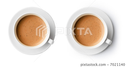 cup of coffee with beautiful foam isolated on white, top view 7021140