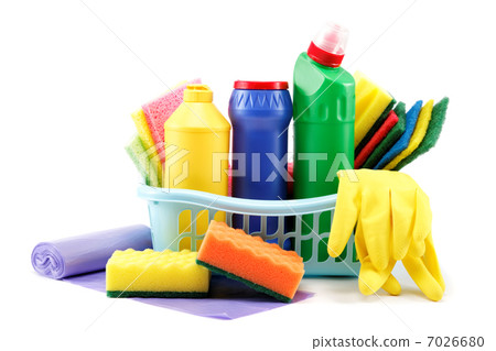 Detergent bottles, rubber gloves and cleaning sponge on a white 7026680
