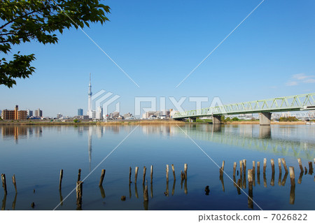 東京天空樹從阿拉瓦河的河流傳播藍天，面對河流照耀的景觀 7026822