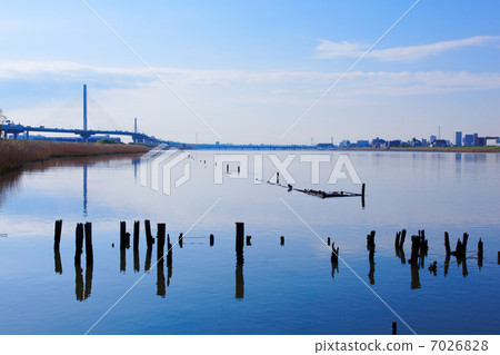 天空從荒川的河流傳播看看豎琴橋和河上反映的景色 天空從荒川的河流傳播看看豎琴橋和河上反映的景色 7026828