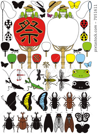 Frog and fan and insect "Butterflies, cicadas, beetles, beetles, bees, dressings, dragonflies, ants, lads parasols" Summer illustrations 7051611