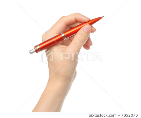 Hand with orange pen . Hand with orange pen . 7052070