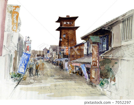 手繪草圖描繪川越的時間之鐘 7052297