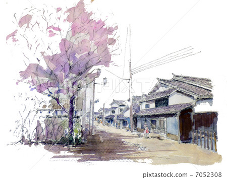 A traditional Japanese townscape illustration of a traditional building preservation district, the merchant town of Tamba Sasayama, in harmony with cherry blossoms 7052308