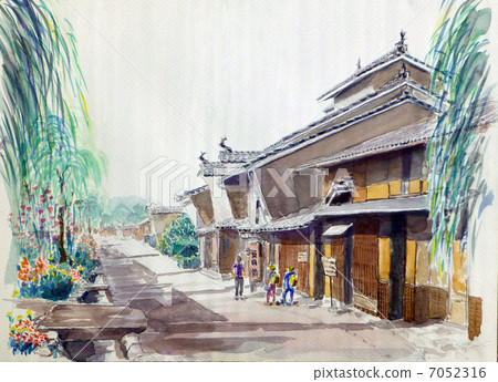 Watercolor painting of Ueno Inn Lodging town Hokkoku way road handwriting sketch 7052316