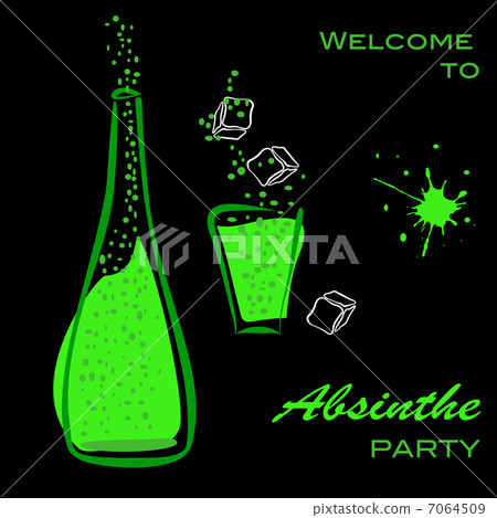 Welcome to absinthe party. Bottle and glass silhouette Welcome to absinthe party. Bottle and glass silhouette 7064509