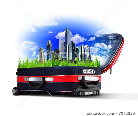 Red suitcase with city inside Red suitcase with city inside 7072820