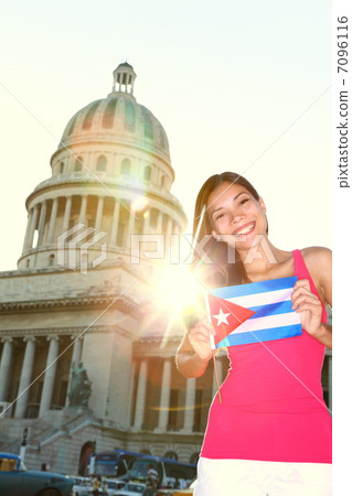 Havana, Cuba - Capitol and tourist with cuban flag 7096116