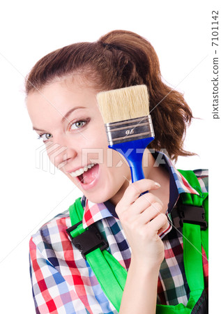 Woman painter with paintbrush on white 7101142