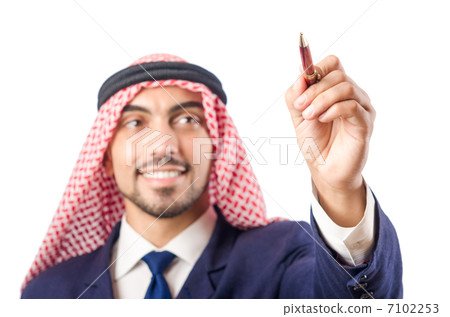 Arab man pressing virtual buttons Arab man pressing virtual buttons 7102253