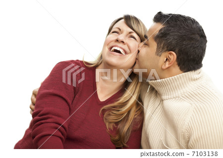 Attractive Mixed Race Couple Kissing on White Attractive Mixed Race Couple Kissing on White 7103138