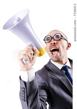 Funny man with loudspeaker on white 7106911