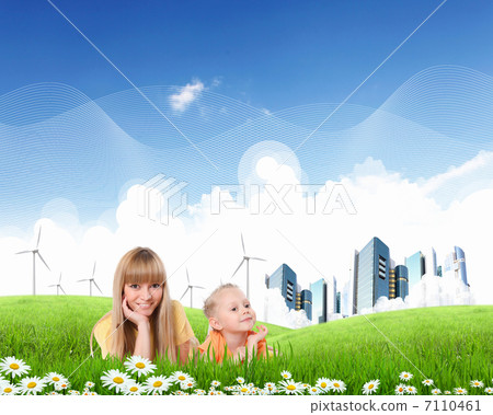 Collage with children and parents on green grass 7110461