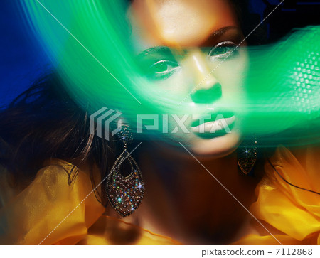 Diffuse. Fantasy. Silhouette of Woman's Face in Magic Disco Fog Diffuse. Fantasy. Silhouette of Woman's Face in Magic Disco Fog 7112868