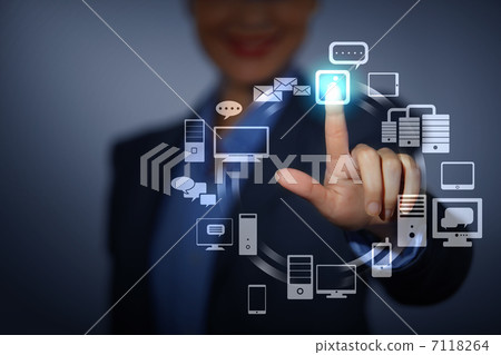 hand pushing on a touch screen hand pushing on a touch screen 7118264