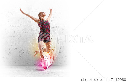 Girl in color dress dancing.Collage Girl in color dress dancing.Collage 7119980