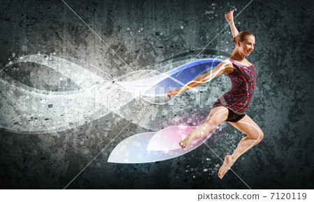 Girl in color dress dancing.Collage 7120119