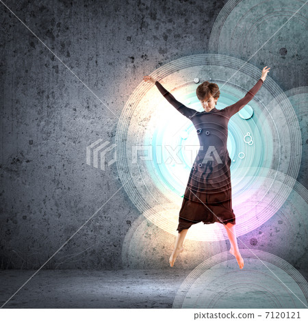 Girl in color dress dancing.Collage 7120121