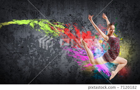 Girl in color dress dancing.Collage Girl in color dress dancing.Collage 7120182