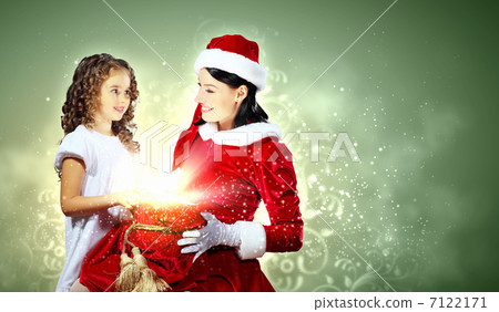 Little girl with christmas gifts and santa Little girl with christmas gifts and santa 7122171