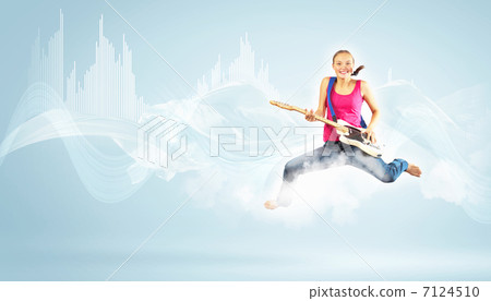young woman playing on electro guitar and jumping young woman playing on electro guitar and jumping 7124510