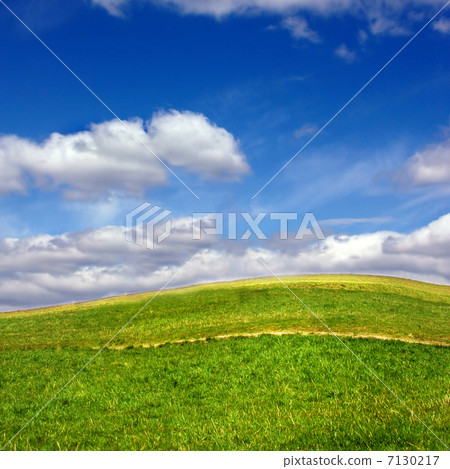 Green field against blue sky and clouds Green field against blue sky and clouds 7130217