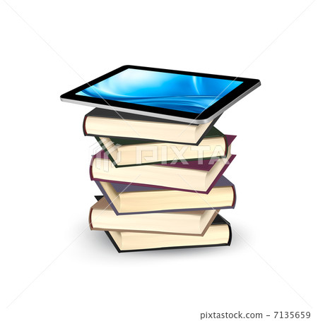 Tablet on a stock of books. E-book capacity concept. Vector. Tablet on a stock of books. E-book capacity concept. Vector. 7135659