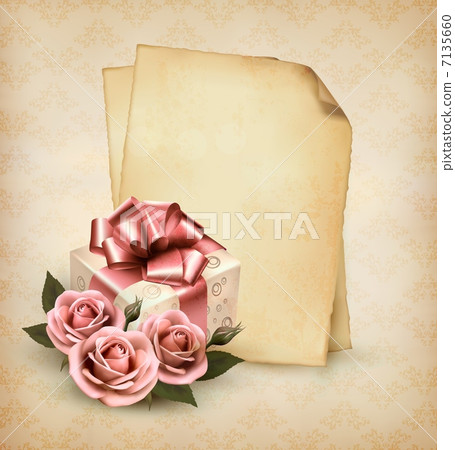 Retro holiday background with pink roses and gift box and old pa 7135660
