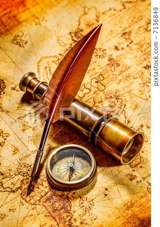 Vintage still life. Vintage items on ancient map. 7136849