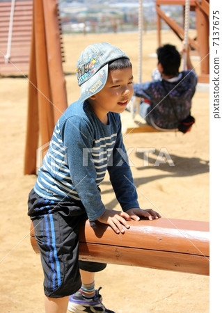 A boy crossing a log 7137675
