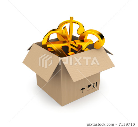 Box filled gold symbols of money Box filled gold symbols of money 7139710