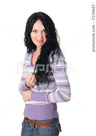 young charming brunette in a lilac sweater young charming brunette in a lilac sweater 7150687