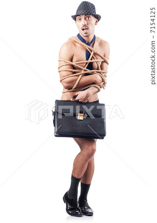 Man tied up with rope on white 7154125