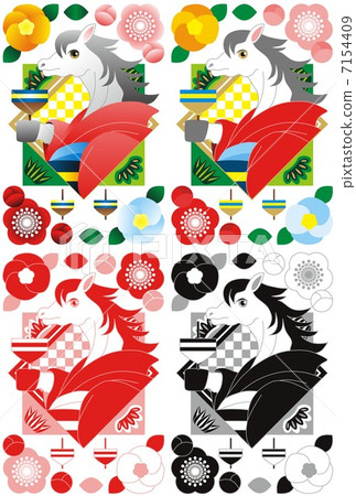 Illustration material for New Year's cards (horse and Japanese clothing and solitary music) in the afternoon of 2014 Digital 4 piece set 7154409