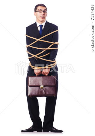 Businessman tied up with rope on white Businessman tied up with rope on white 7154425