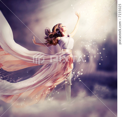 Beautiful Girl Wearing Long Chiffon Dress. Fantasy Scene Beautiful Girl Wearing Long Chiffon Dress. Fantasy Scene 7155025
