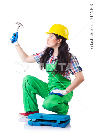 Woman builder isolated on white 7155108