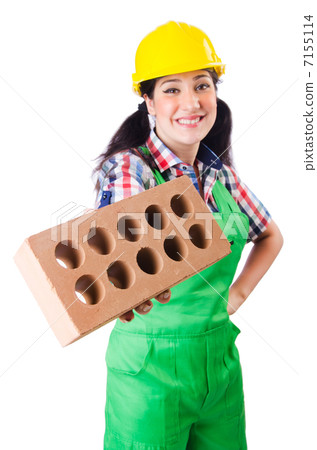 Woman builder with bricks on white Woman builder with bricks on white 7155114