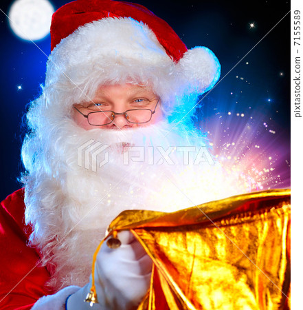Christmas Santa. Santa Claus opening Magic Bag with Gifts Christmas Santa. Santa Claus opening Magic Bag with Gifts 7155589