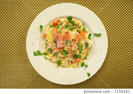 Handmade Tariatelle raw ham, mushroom, green peas cream sauce Handmade Tariatelle raw ham, mushroom, green peas cream sauce 7158181