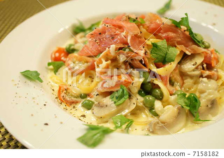 Handmade Tariatelle raw ham, mushroom, green peas cream sauce Handmade Tariatelle raw ham, mushroom, green peas cream sauce 7158182