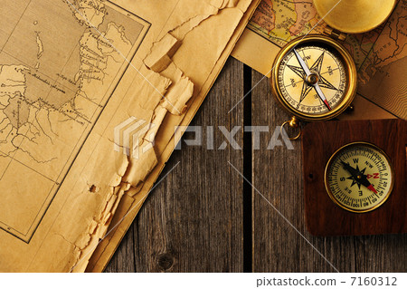 Antique compass over old map Antique compass over old map 7160312